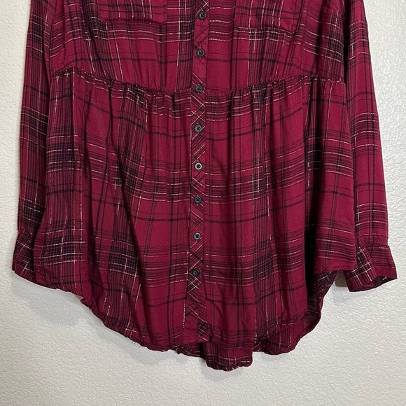 Torrid Burgundy Gold Plaid Button Down Shirt, Size 1X - Picture 4 of 12